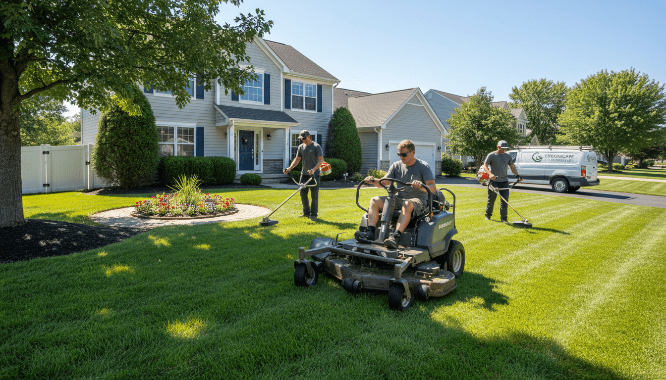 Professional landscaper trimming a lawn in a residential yard