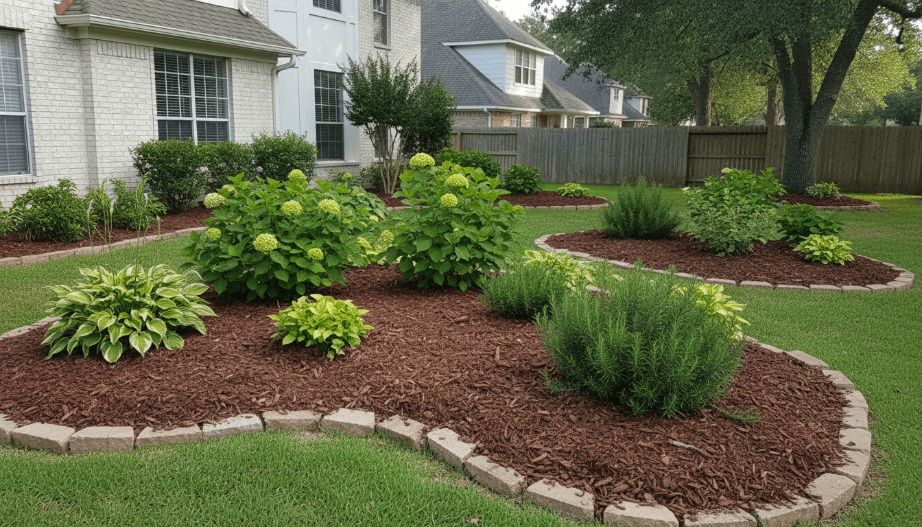 Tidy garden beds with fresh mulch and green plants