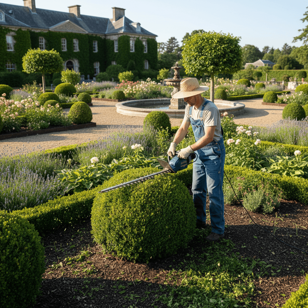 Gardener pruning shrubs in a landscaped garden