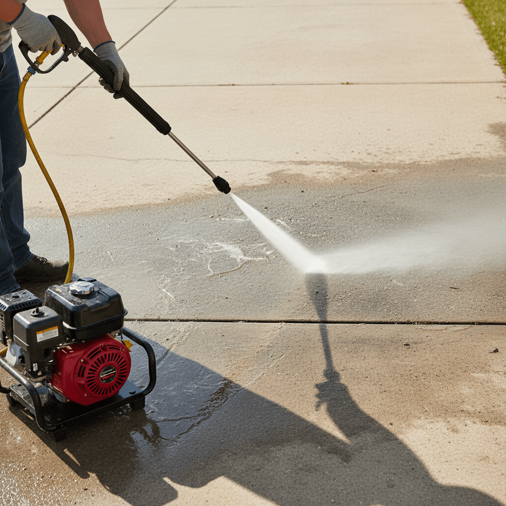Pressure washer cleaning a concrete driveway