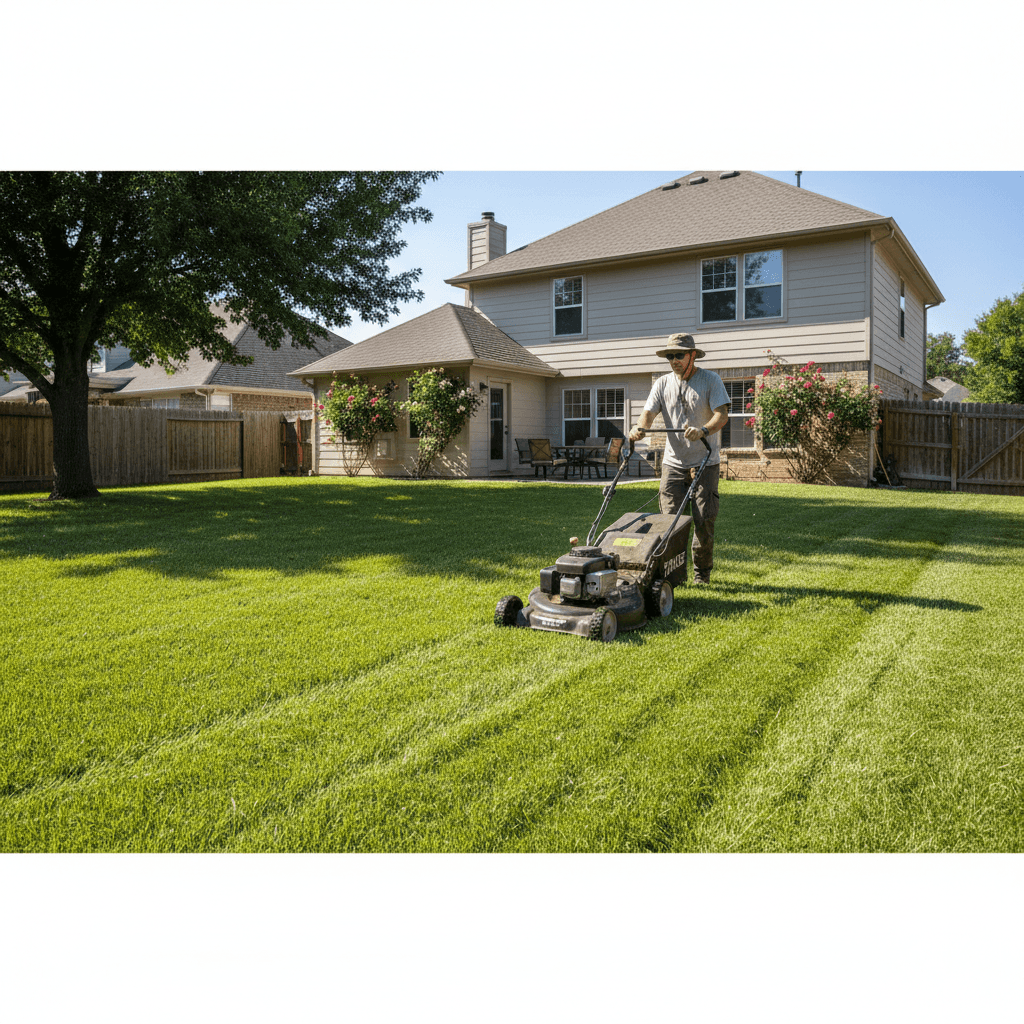 Lawn mower cutting green grass in a residential backyard