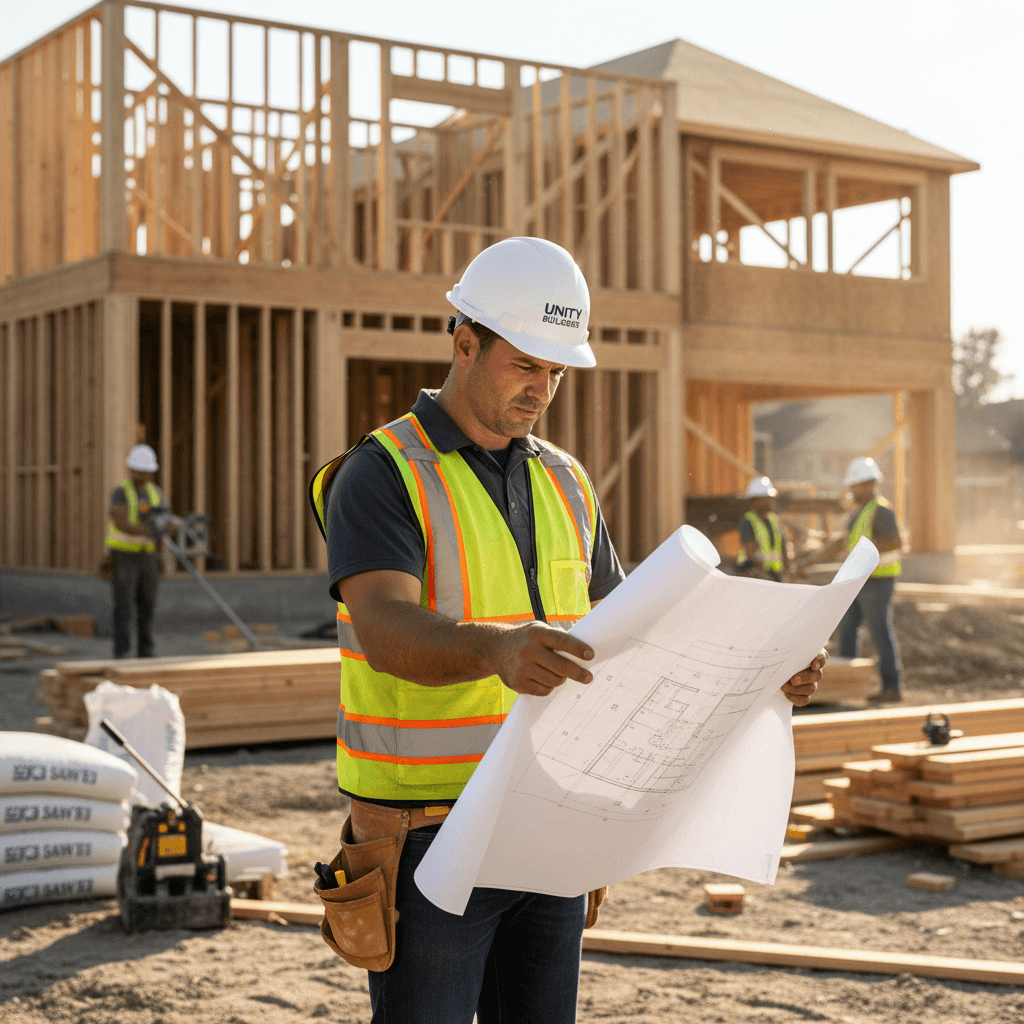 Contractor reviewing project plans at a residential build