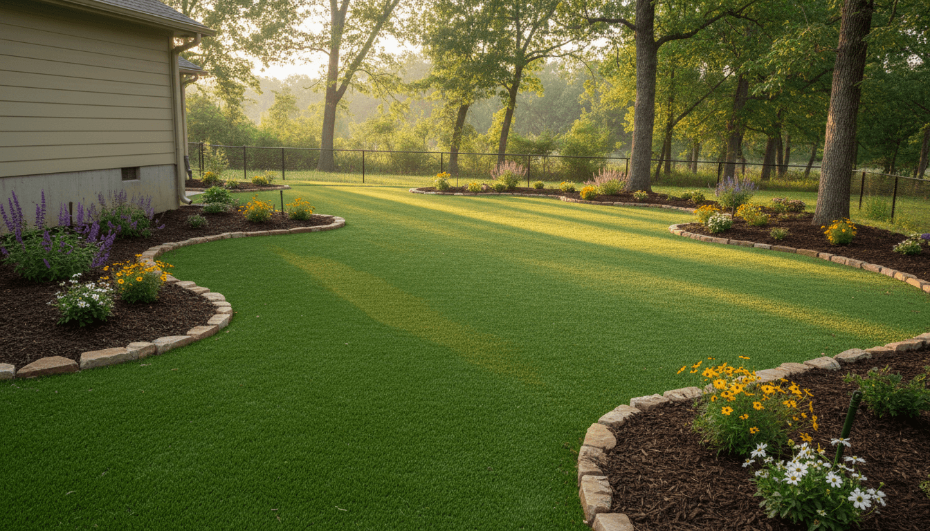 Garden bed with healthy plants and fresh mulch