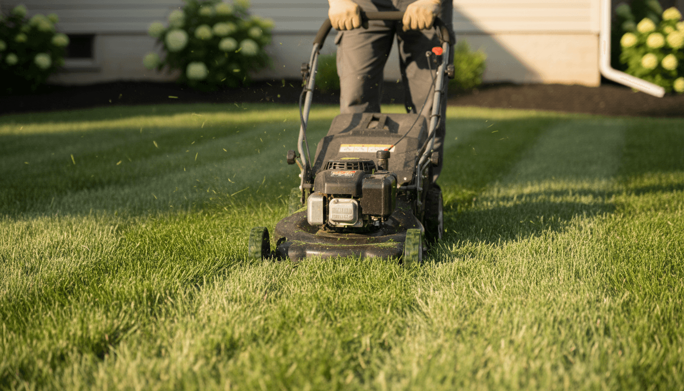 Lawn being mowed with equipment in a backyard
