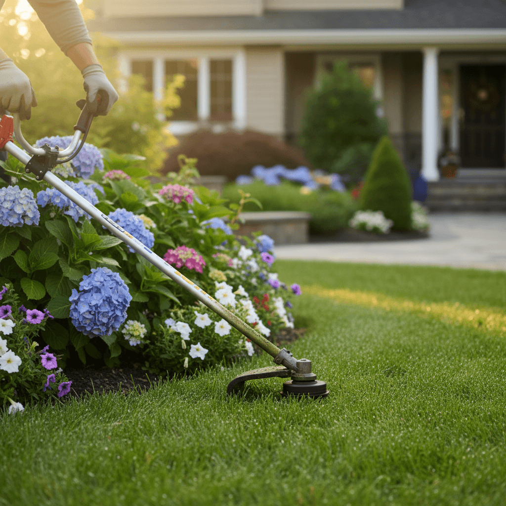 Property maintenance crew member mowing a residential lawn