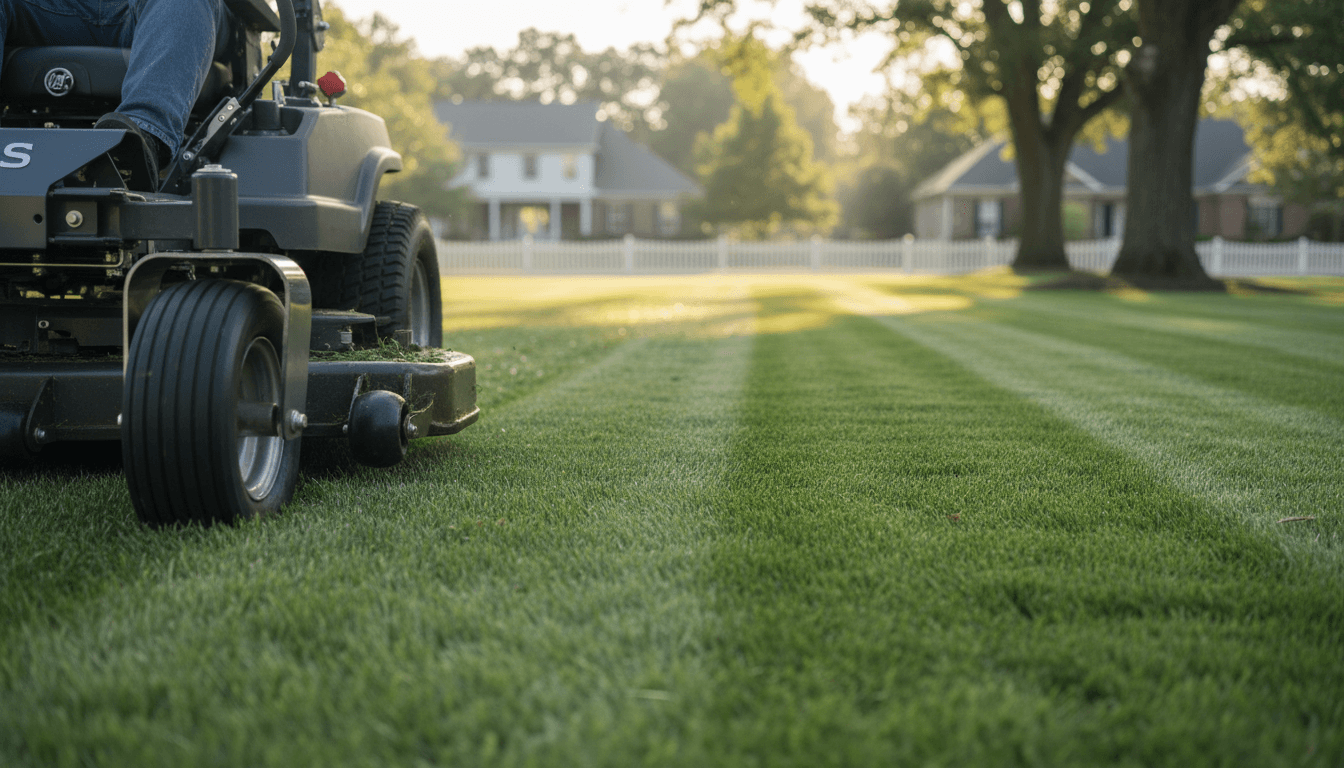 Freshly mowed lawn with crisp edges in a residential yard