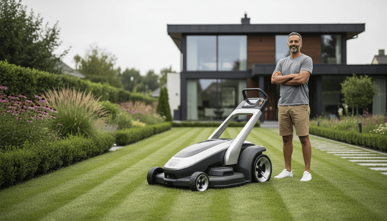 Professional gardener mowing a residential lawn with a ride-on mower in a sunny backyard