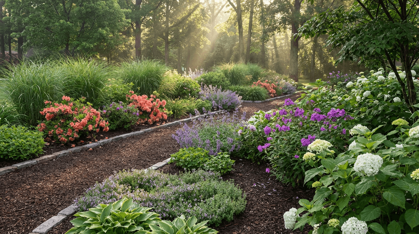 Garden beds with trimmed hedges and colorful flowers