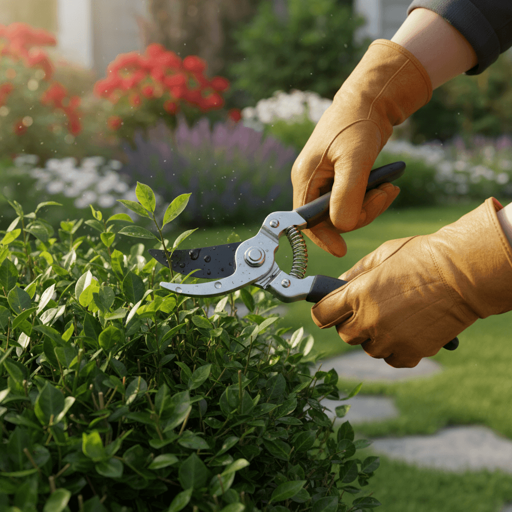 Gardener trimming a hedge with a trimmer in a sunny backyard garden