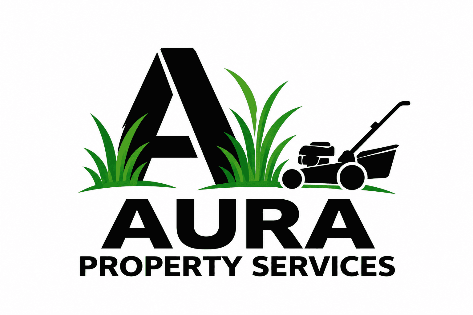 Aura Property Services logo featuring a large letter A, green grass, and a lawnmower.